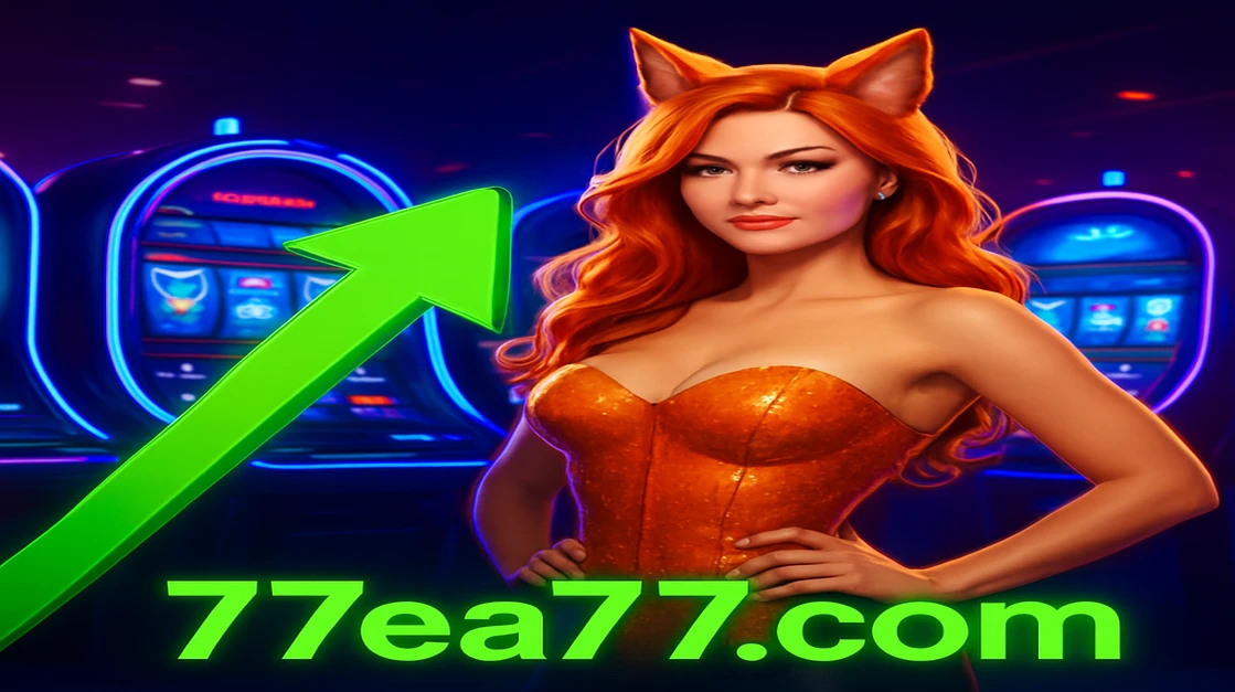 খরগোশের কানের এক নারী EA77 গেমিং প্ল্যাটফর্ম অ্যাপে আর্কেড-গেমের সামনে খেলা করছেন, সামনে উঠমান সবুজ তীরটি বড় জয় ও লাভের প্রতীক।