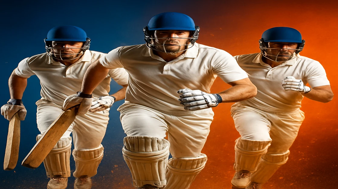 EA77 জার্সি পরিহিত একজন আত্মবিশ্বাসী ক্রিকেট খেলোয়াড় জয় উদযাপন করছেন, চারদিকে ক্রিকেট সরঞ্জাম ছড়িয়ে আছে এবং স্ক্রিনে গেমিং অপশন ও লাইভ তথ্য দেখাচ্ছে।