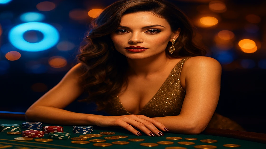 EA77 লাইভ গেমিং-এ একটি সুন্দর ডিলার একটি লাইভ টেবিলে আপনাকে ১০০% স্বাগত পুরস্কারের সাথে খেলার আমন্ত্রণ জানাচ্ছেন, চারপাশে চিপস ও ভাসমান সোনা কয়েন ঘিরে।