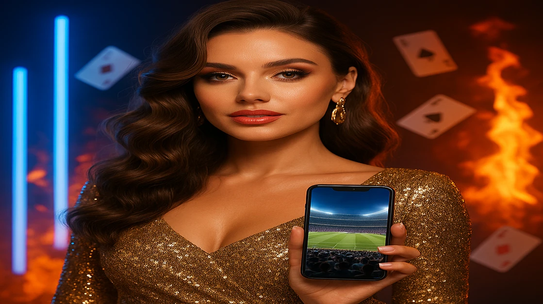 একটি সুন্দর নারী একটি ফোন ধরে যার স্ক্রিনে EA77 অ্যাপটি দেখা যাচ্ছে; স্ক্রিনে স্টেডিয়াম এবং জ্বলন্ত আবহাওয়ায় উড়ন্ত কার্ডগুলো চারপাশে।