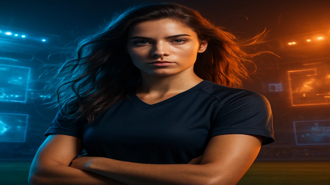 EA77 জার্সি পরা এক তীব্র-উদ্যম নারী, জ্বলন্ত স্টেডিয়াম ও অনলাইন গেমিং স্ক্রিনগুলোর ঝলকে প্রস্তুত।