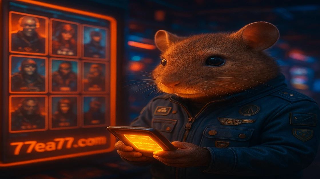 একটি মিষ্টি কিন্তু গুরুতর হ্যামস্টার, কমান্ডারের পোশাক পরা, EA77 অনলাইন প্ল্যাটফর্মে একটি কৌশলভিত্তিক গেম খেলছে, যেখানে ৮৮০ হাজার স্কোর দেখা যাচ্ছে।