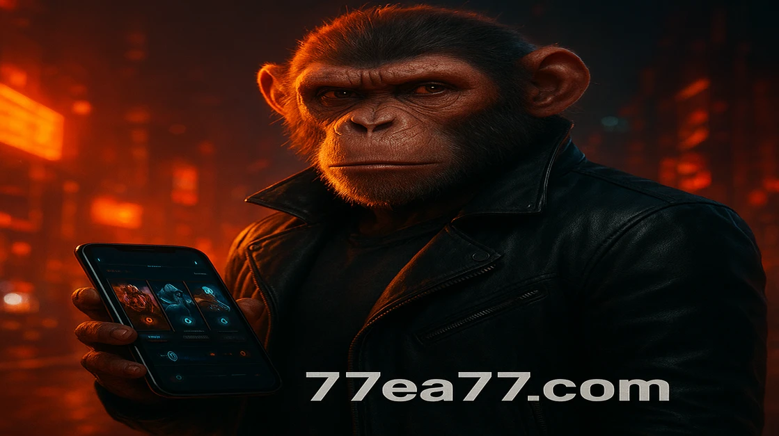 একটি দুর্দান্ত লেদার জ্যাকেট পরা বানর EA77-এর মোবাইল গেমিং অ্যাপটি প্রদর্শন করছে, এতে বেছে নেওয়ার ও সঙ্গে খেলার জন্য দারুণ চরিত্রদের একটি বিস্তৃত তালিকা রয়েছে।