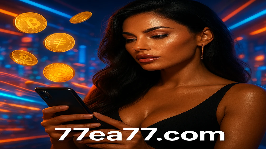 একজন নারী একটি স্মার্টফোন ধরে EA77 ক্রিপ্টো-গেমিং প্ল্যাটফর্মে লগইন করছেন, চারপাশে জ্বলতে থাকা বিটকয়েন কয়েন ও একটি ভবিষ্যৎ-মুখী গেমিং প্ল্যাটফর্ম পরিবেশ তাকে ঘিরে রয়েছে।