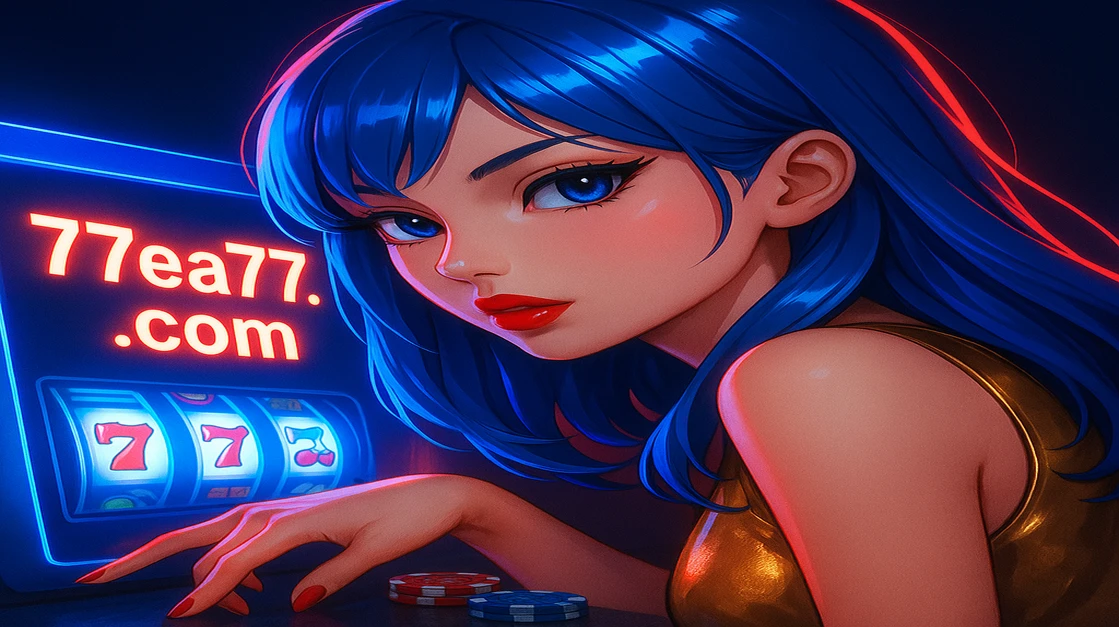 নীল চুলের একটি উজ্জ্বল অ্যানিমেটেড চরিত্র মোবাইল স্ক্রিনে EA77 অনলাইন গেমিং প্ল্যাটফর্মটির সঙ্গে ইন্টারঅ্যাক্ট করছে এবং বহু রঙিন গেম থেকে নির্বাচন করছে।