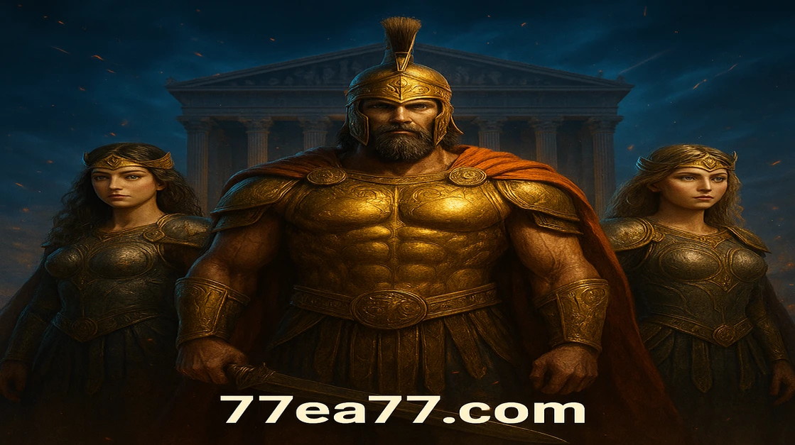 শক্তিশালী দেবতা জিউস ও দুইটি সুন্দর দেবী আপনাকে EA77 গেমিং প্ল্যাটফর্মে অলিম্পাসের দরজা-গেমে স্বাগত জানাচ্ছেন, পেছনে বিশাল একটি মন্দিরের দৃশ্য রয়েছে।